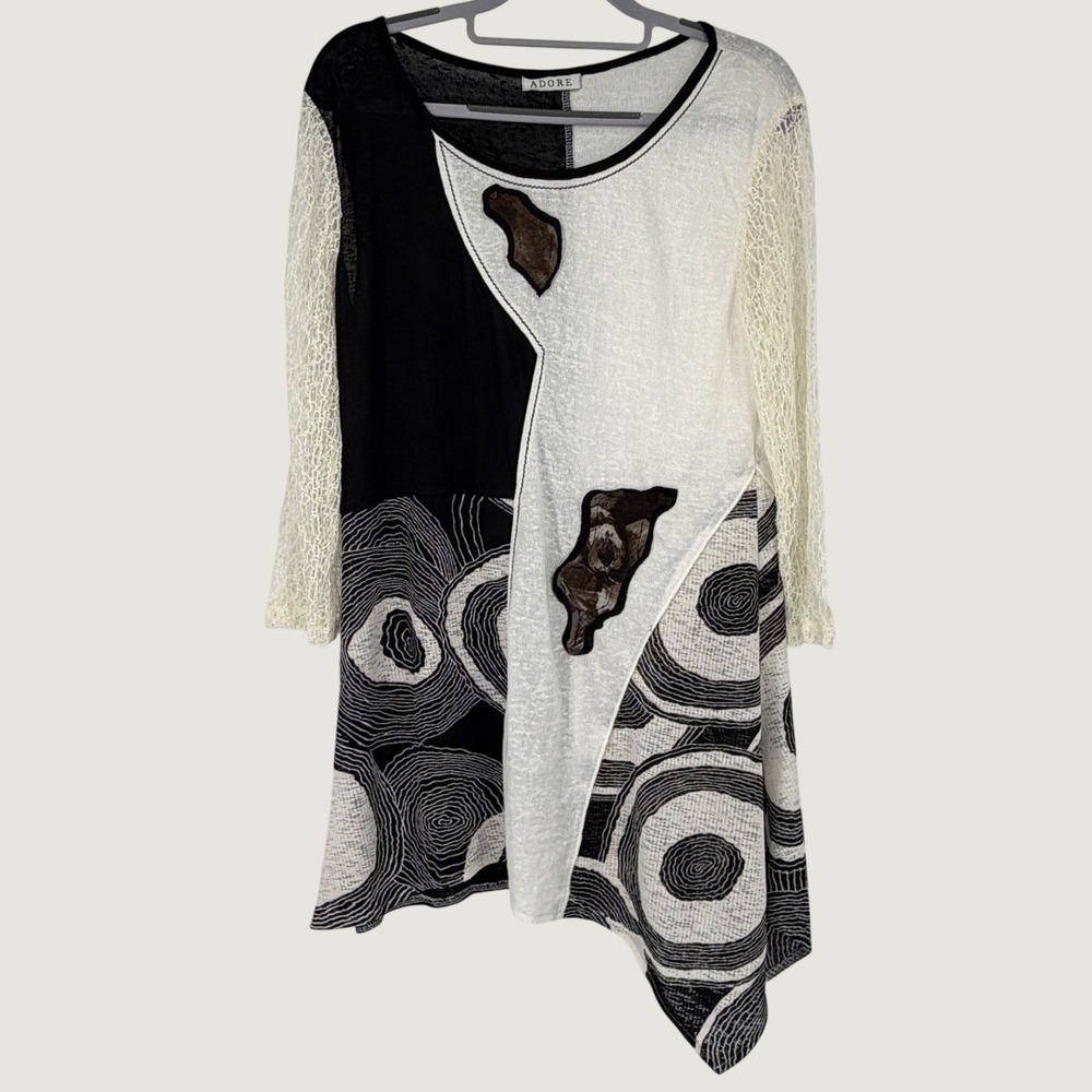 ADORE Women Black White Abstract Lagenlook Tunic‎ Dress Lace Sleeve Asymmetrical